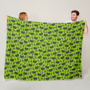 GREEN WITH BLACK HALLOWEEN SPIDERS CATS BATS FLEECE BLANKET