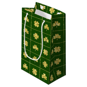 GREEN WITH GOLD GLITTER LOOK SHAMROCKS SMALL GIFT BAG