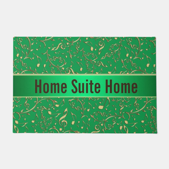 Green With Gold Music Notes Welcome Mat Doormat (Front)