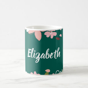 Green with Pink Flowers Personalised Coffee Mug