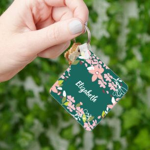 Green with Pink Flowers Personalised Key Ring