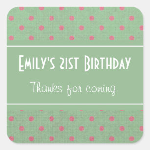 Green with Pink Polka Dots Birthday Thank You Square Sticker