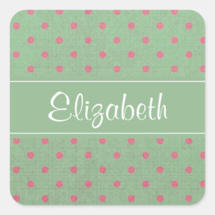Green with Pink Polka Dots Personalised Square Sticker