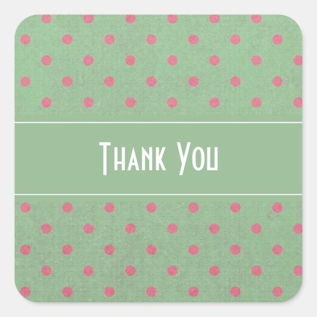 Green with Pink Polka Dots Thank You Square Sticker (Front)