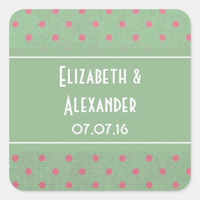 Green with Pink Polka Dots Wedding Favour Square Sticker (Front)