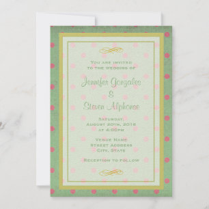 Green with Pink Polka Dots Wedding Invitation