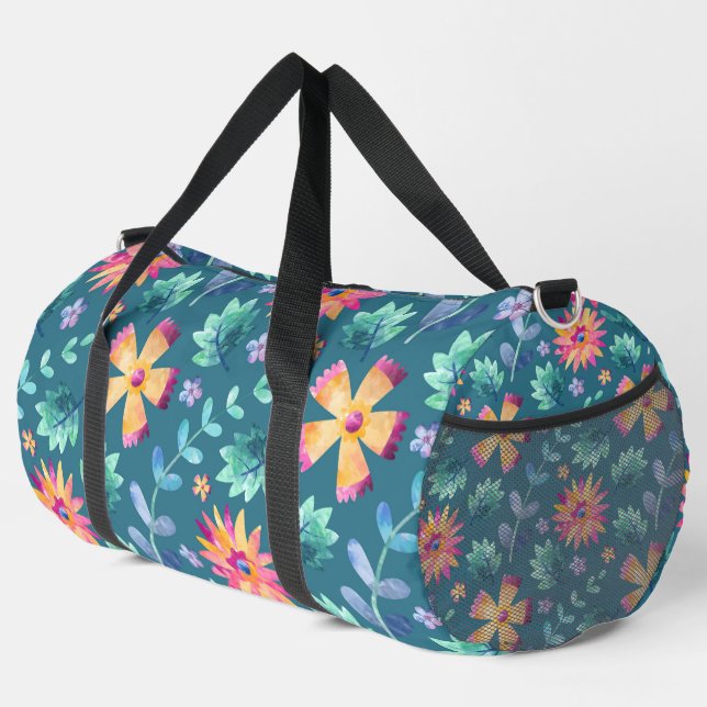 GREEN WITH PINK & YELLOW RANDOM FLOWERS DUFFLE BAG (Right Corner)