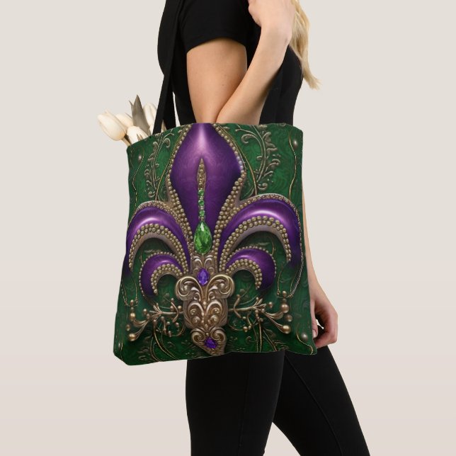 GREEN WITH PURPLE MARDI GRAS FLEUR DI LIS TOTE BAG (Close Up)