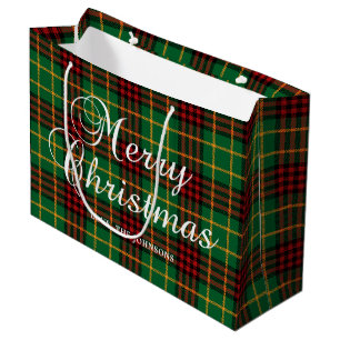 Green with Red and Gold Christmas Plaid Large Gift Bag