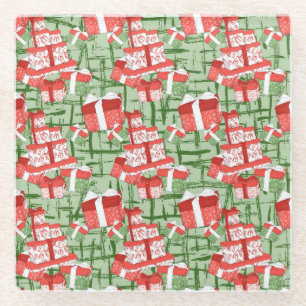 GREEN WITH RED & WHITE CHRISTMAS PRESENTS GLASS COASTER