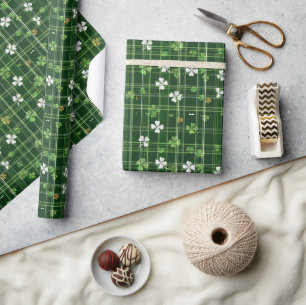 Green with white and green clover leaves wrapping paper
