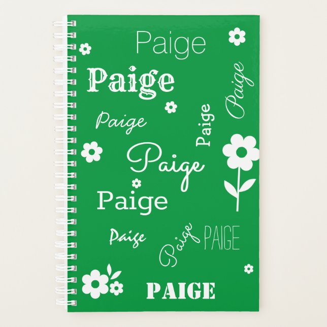 Green with White Flowers, Custom Name Planner (Front)