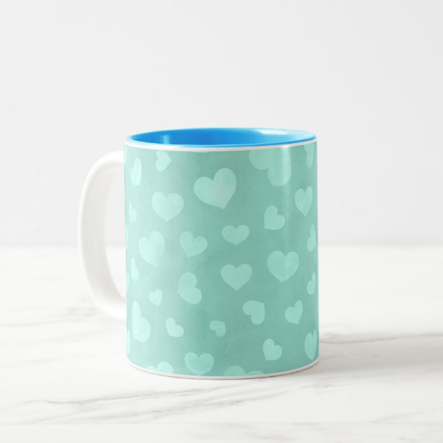 Green with white hearts & light blue interior mug (Front Left)