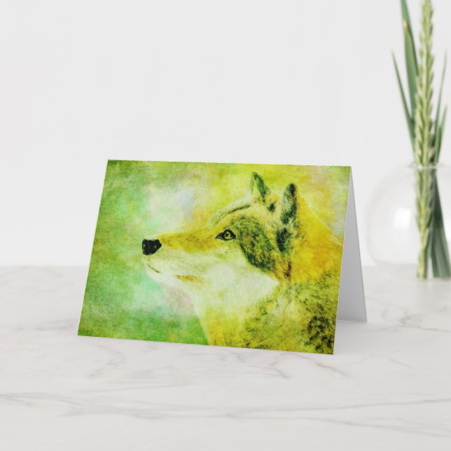 Green Wolf Painting Note Card (Front)