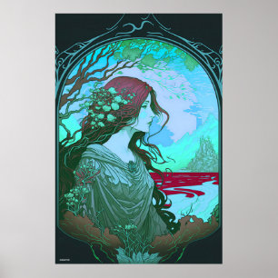 Green woman portrait art nouveau ai design on  poster