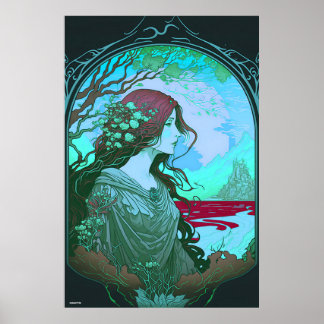 Green woman portrait art nouveau ai design on poster