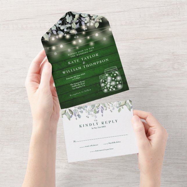 Green Wood Floral String Lights Monogram Wedding All In One Invitation (Tearaway)