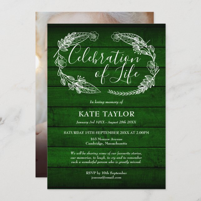 Green Wood Funeral Celebration of Life Photo  Invitation (Front/Back)