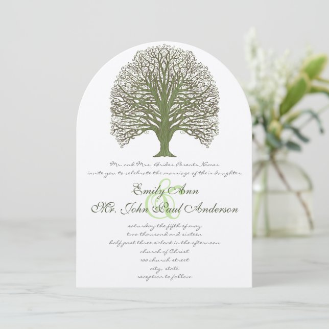 Green Wood Grain Tree Wedding Invitation (Standing Front)