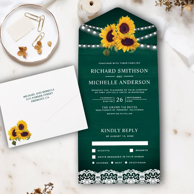 Green Wood Lace String Lights Sunflower Wedding All In One Invitation (Creator Uploaded)