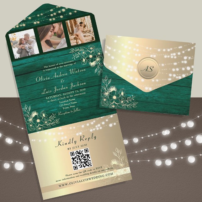 Green Wood Rustic String Lights Wedding QR Code All In One Invitation (Creator Uploaded)