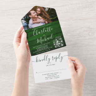 Green Wood String Lights Mason Jars Photo Wedding All In One Invitation