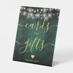 Green Wood String Lights Script Cards And Gifts Pedestal Sign
