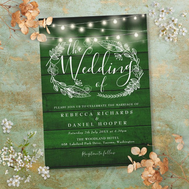 Green Wood String Lights Script Wedding Invitation (Green Wood String Lights Script Wedding Invitation)