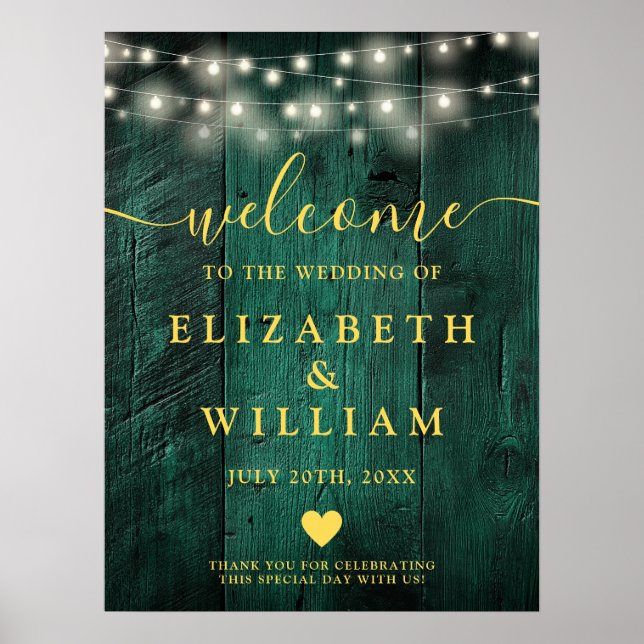 Green Wood String Lights Wedding Welcome Sign (Front)