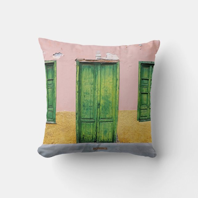 GREEN WOODEN DOOR ON WHITE CONCRETE WALL CUSHION (Front)