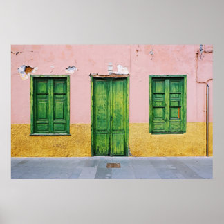 GREEN WOODEN DOOR ON WHITE CONCRETE WALL POSTER