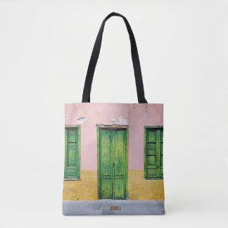 GREEN WOODEN DOOR ON WHITE CONCRETE WALL TOTE BAG