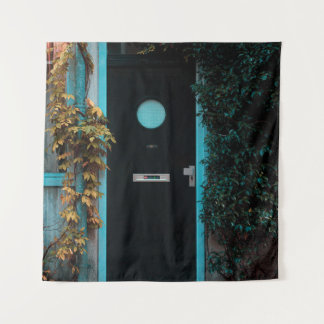 GREEN WOODEN DOOR WITH GLASS TAPESTRY