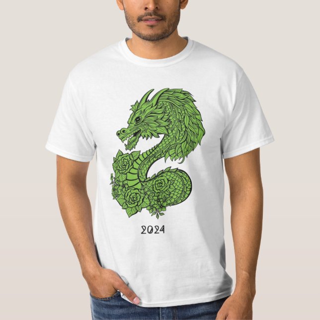 green wooden dragon design t-shirt (Front)