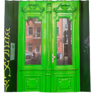 GREEN WOODEN GLASS DOOR SHOWER CURTAIN