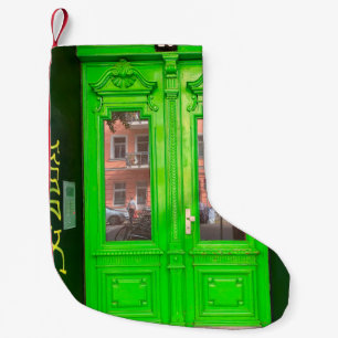 GREEN WOODEN GLASS DOOR SMALL CHRISTMAS STOCKING