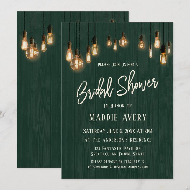 Green Wooden Wall w/ Edison Lights Bridal Shower Invitation (Front/Back)