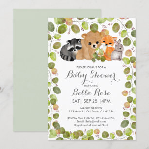 Green Woodland Animal Baby Shower Invitations