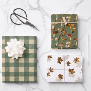 Green Woodland Autumn Mushrooms & Leaves Wrapping Paper Sheet