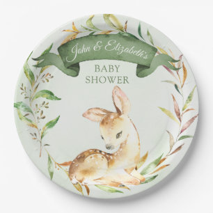 Green Woodland Baby Deer Custom Baby Shower Paper Plate
