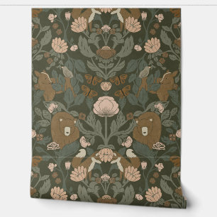 Green Woodland Block Print Damask Wallpaper