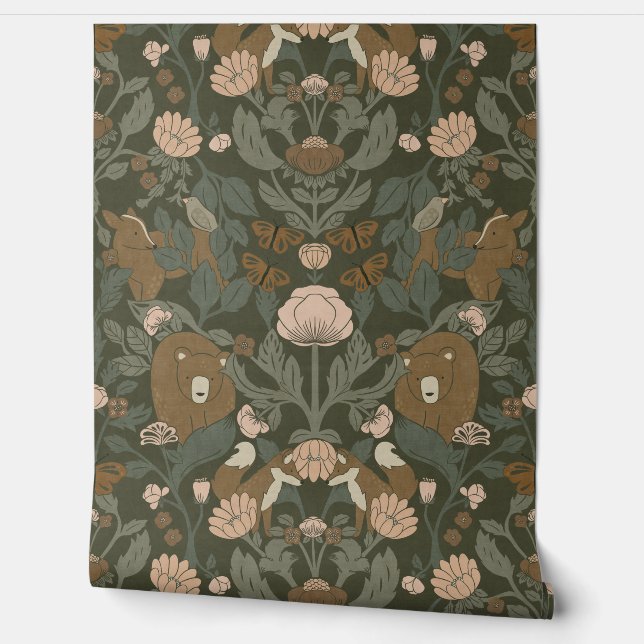 Green Woodland Block Print Damask Wallpaper (Unrolling)