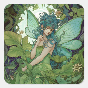 Green Woodland Fairy Fantasy Art Square Sticker