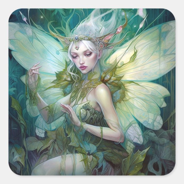 Green Woodland Fairy Fantasy Art Square Sticker (Front)