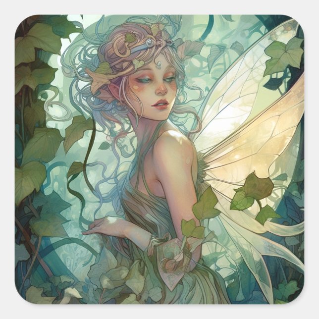 Green Woodland Fairy Fantasy Art Square Sticker (Front)