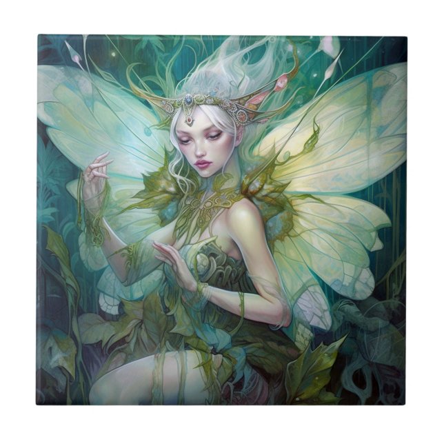 Green Woodland Fairy Fantasy Art Tile (Front)