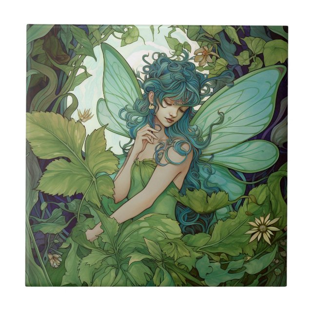 Green Woodland Fairy Fantasy Art Tile (Front)