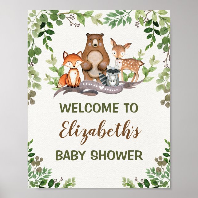 Green Woodland Forest Baby Animals Welcome Poster (Front)