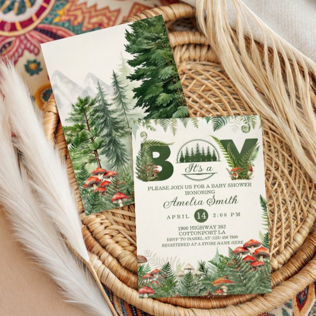 Green Woodland Mushroom It’s a Boy Forest Invitation (Creator Uploaded)