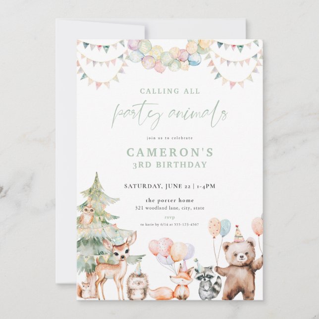 Green Woodland Party Animals Birthday Invitation (Front)